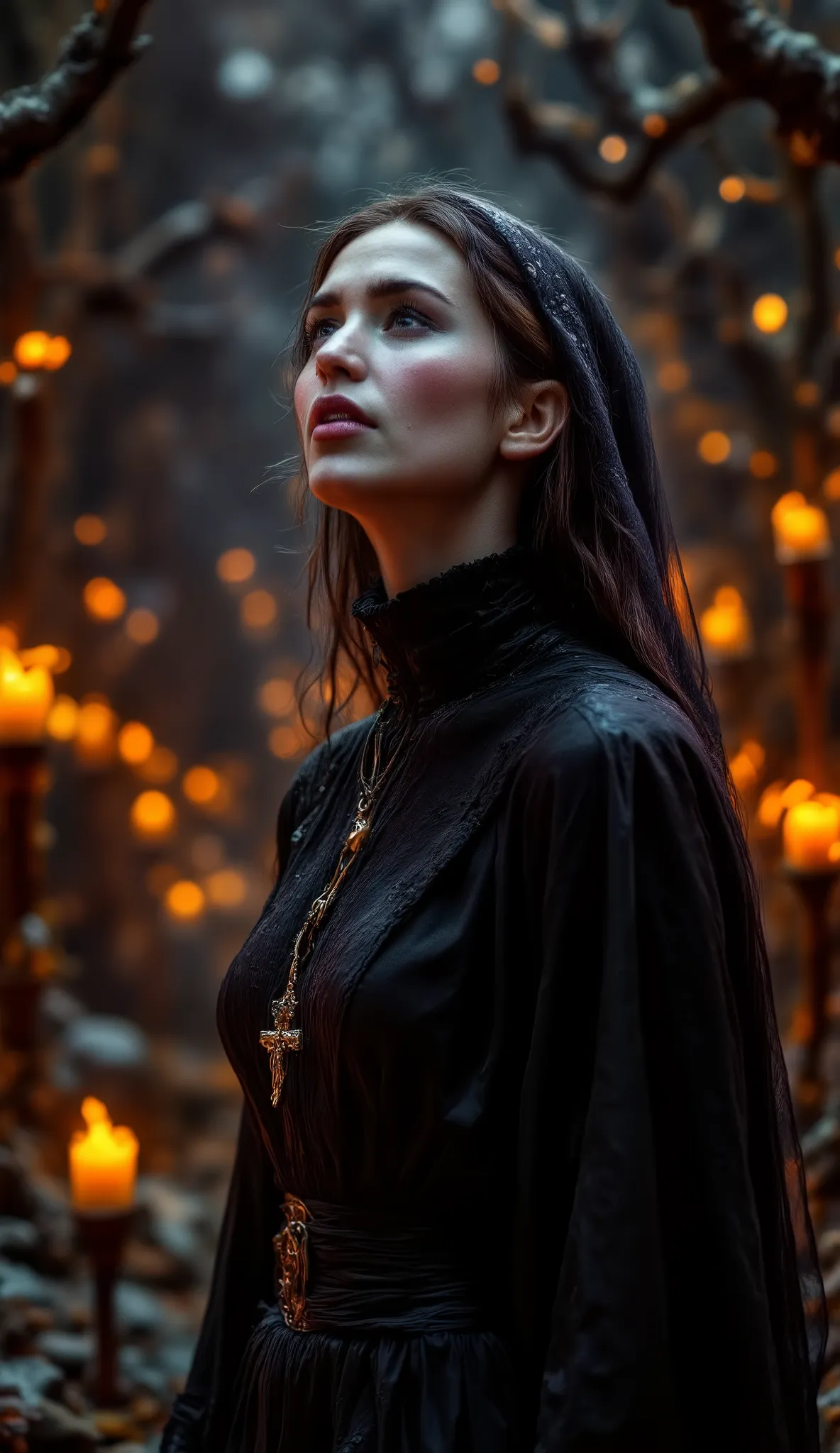 Epic realistic portrait, Kodak Black and white photography, 25 years old scantily clad sexy crying nun looking up into heaven with jesus on the cross necklace on the chest, warmth of breath exhalation from nose and little open mouth, goose pimples, in cath...