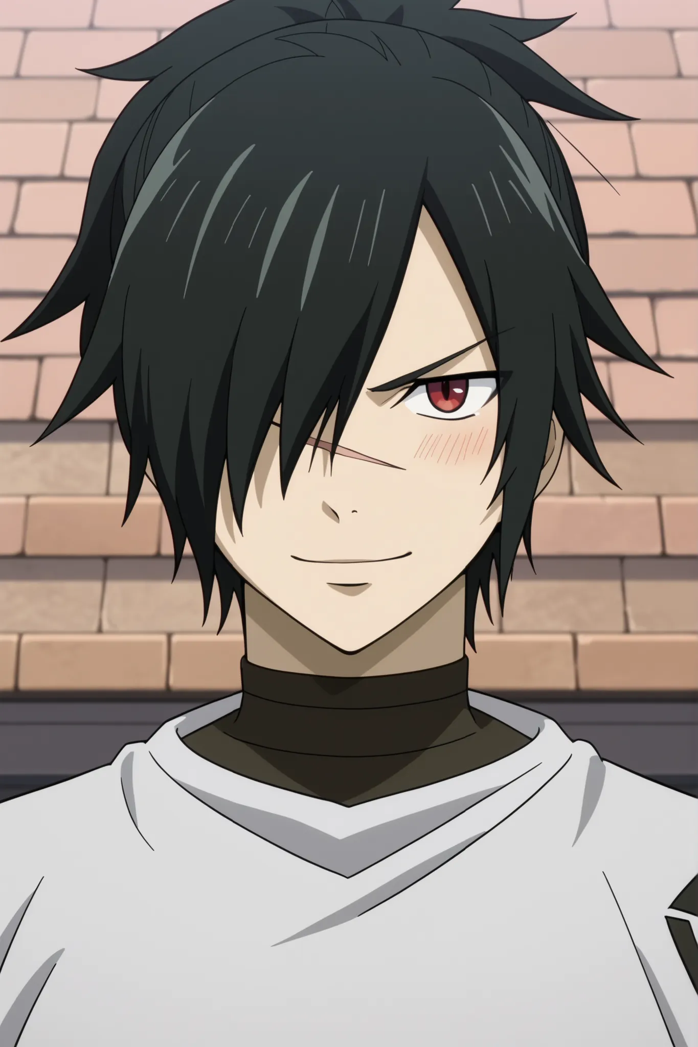 close-up, front view, score_9, score_8_up, score_7_up, source_anime, rating_safe, intricate details, anime screencap, 1boy, solo, male focus, rogue_cheney, black hair, red eyes, ponytail, hair over one eye, scar, tattoo, , happy, a light gray sleeveless sh...