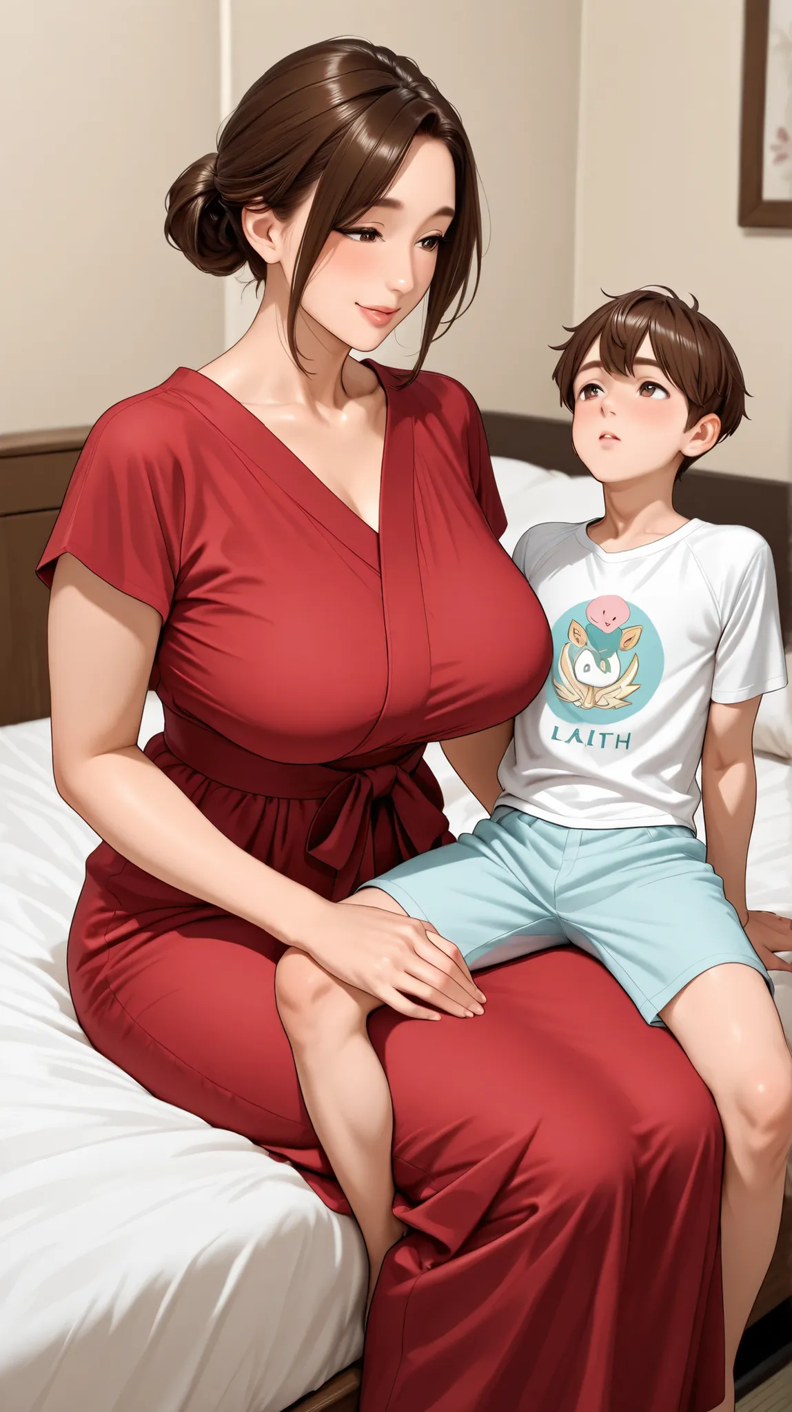 One Adult 30 years Japanese woman, tall face , pretty face , short brown hair , big chest , red dress , bedroom , sit on the bed , holding a boy's hands and looking at him with motherly care , the boy have light blow t-shirt with light blue shorts and dark...