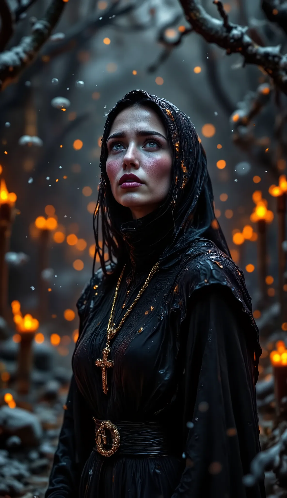 Epic realistic portrait, Kodak Black and white photography, 25 years old scantily clad sexy crying nun looking up on right side into heaven with jesus on the cross necklace on the chest, warmth of breath exhalation from nose and little open mouth, goose pi...