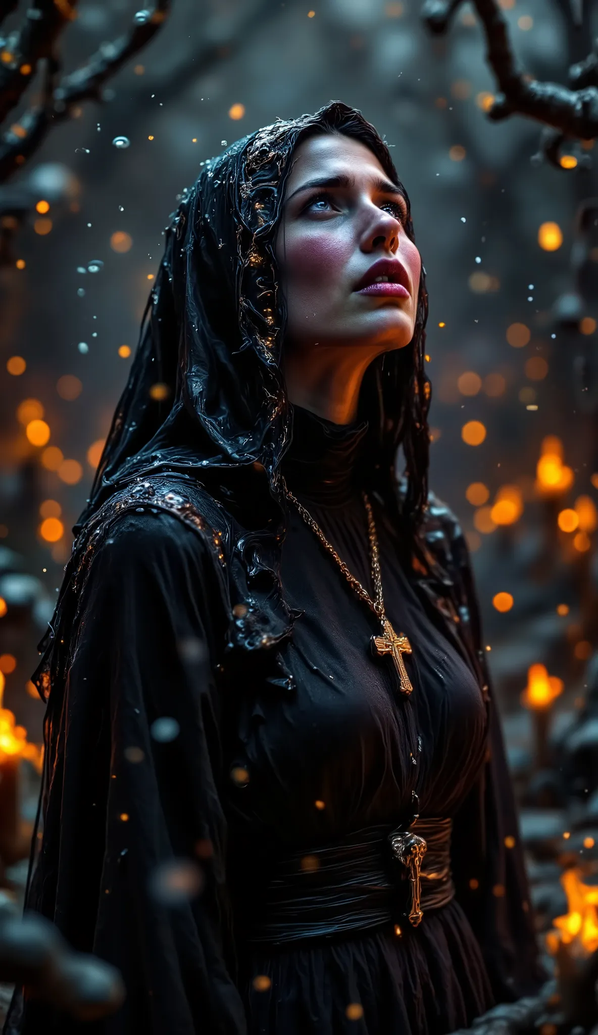 Epic realistic portrait, Kodak Black and white photography, 25 years old scantily clad sexy crying nun looking up on right side into heaven with jesus on the cross necklace on the chest, warmth of breath exhalation from nose and little open mouth, goose pi...