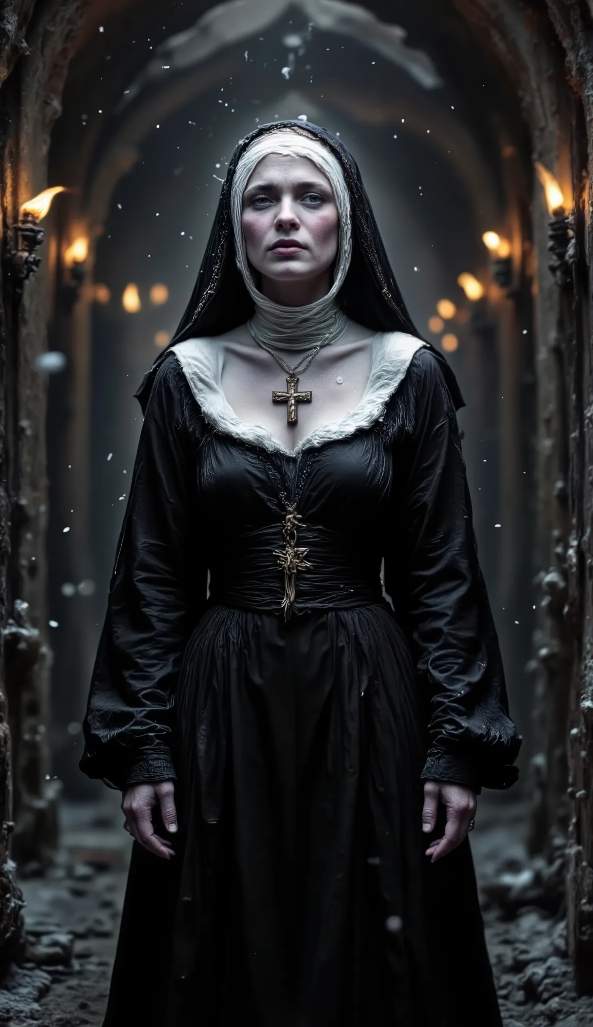 Epic realistic portrait, Kodak Black and white photography, 25 years old scantily clad sexy crying nun looking up on right side into heaven with jesus on the cross necklace on the chest, warmth of breath exhalation from nose and little open mouth, goose pi...