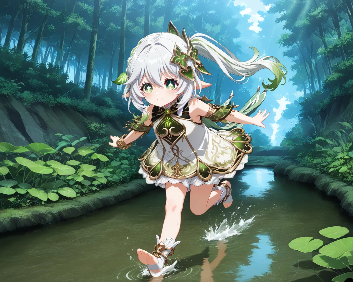 Nahida（ Genshin）、８age、morning、Forest pond 、Bathing、splashes、the white dress is transparent,running,anime coloring、smile、action painting ,yubu,masterpiece、Highest Quality
