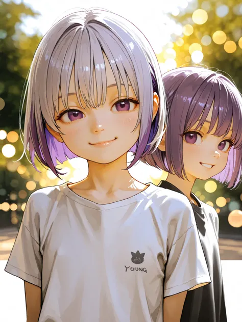 short girl, Sisters Girls,is young, flat chested,realisticな外観, big purple eyes, short bob、Two-tone purple hair and gray hair、plain t-shirt with extended collar、 has a bright smile、Outdoors、細部にこだわったrealisticな影、movie stills, real、Highest Quality, realistic, ...