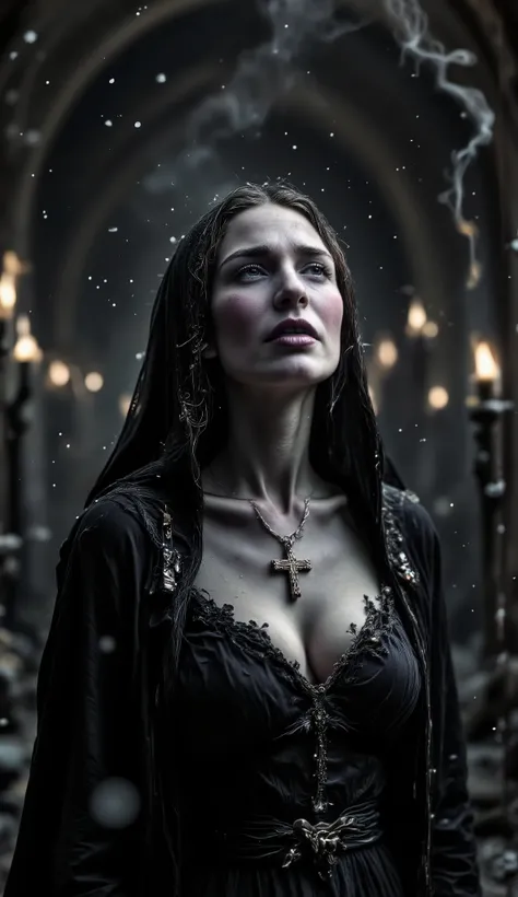Epic realistic portrait, Black and white photography, 25 years old scantily clad sexy crying nun looking up on right side into heaven with jesus on the cross necklace on the chest, warmth of breath exhalation from nose and little open mouth, goose pimples,...