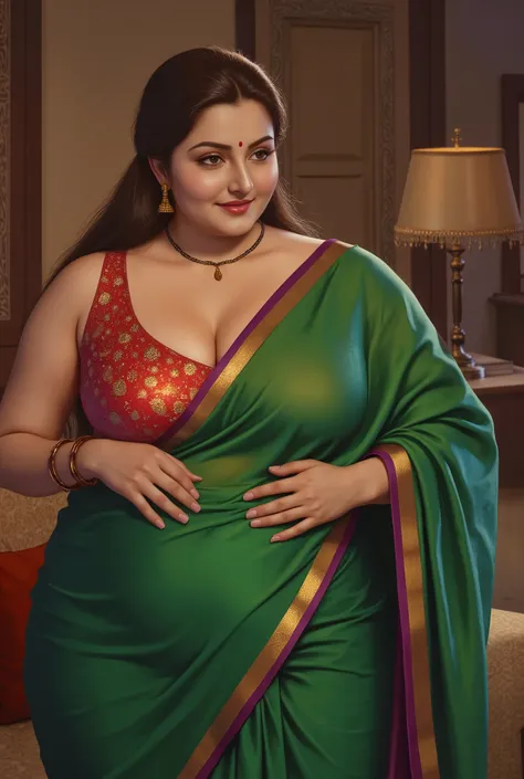 (Centered composition, cinematic lighting, detailed background) — A high-resolution, ultra-detailed painting in the style of renowned Indian artist Manimala, mature South Asian woman, chubby woman, voluptuous figure, full-figured, fleshy curves, Indian aun...