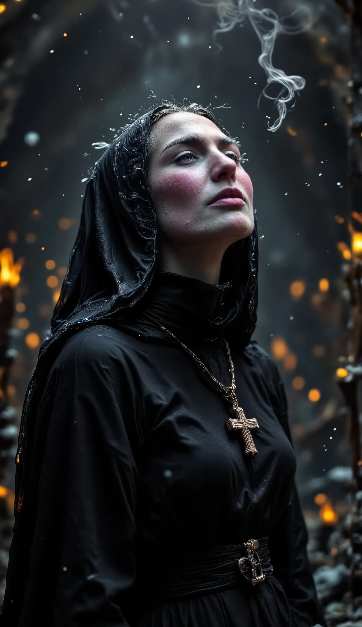 Epic realistic portrait, Black and white photography, 25 years old scantily clad sexy crying nun looking up on right side into heaven with jesus on the cross necklace on the chest, warmth of breath exhalation from nose and little open mouth, goose pimples,...