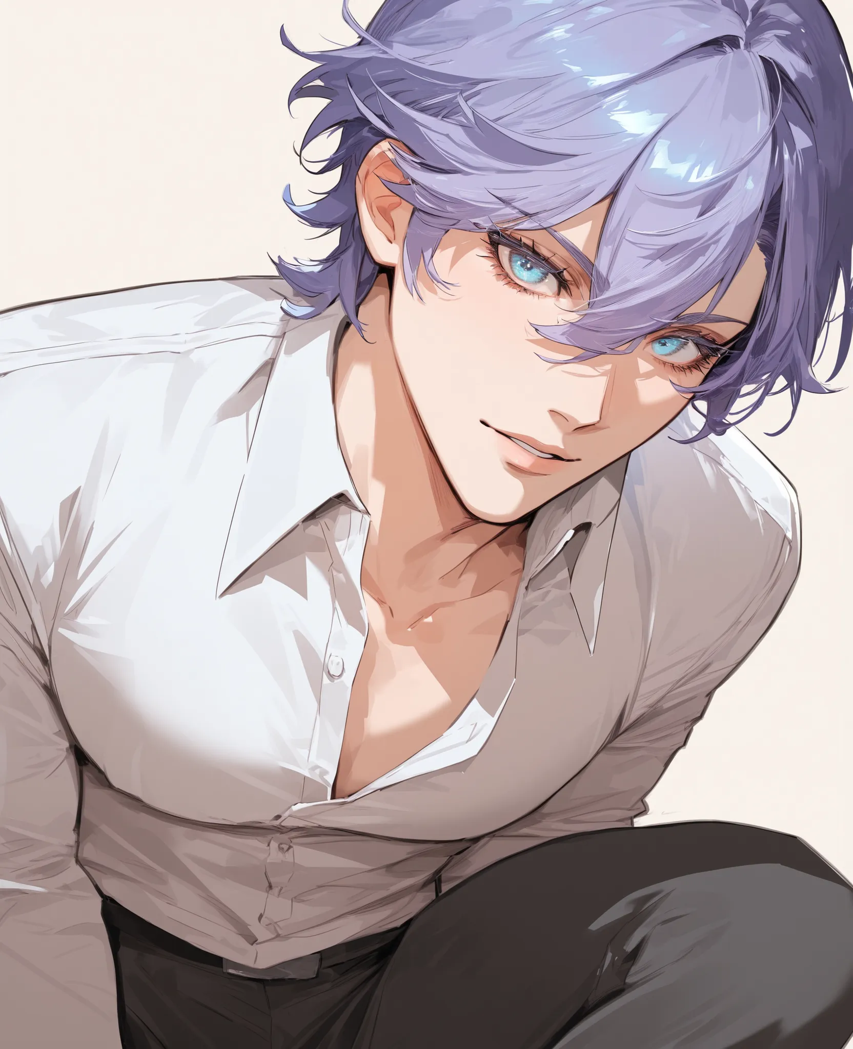 1boy, looking at viewer, keen eyes, simple background, male curvy body, cowboy shot angle, sexy, highres, hair between eyes, male cantarella \(wuthering waves\), blue eyes, purple hair, eyelashes, white button down shirt, black pants,