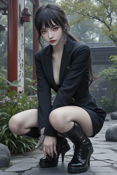 Highest Quality,Max Masterpiece,highest resolution,Photorealistic,(She's crouching in an oriental garden:1.5),anatomically accurate,完璧な比率,perfect female body,Highest Qualityのリアルな質感の肌,Highest Qualityのテクスチャの髪,medium hair,Wave Hair,blunt bangs,black hair,irid...