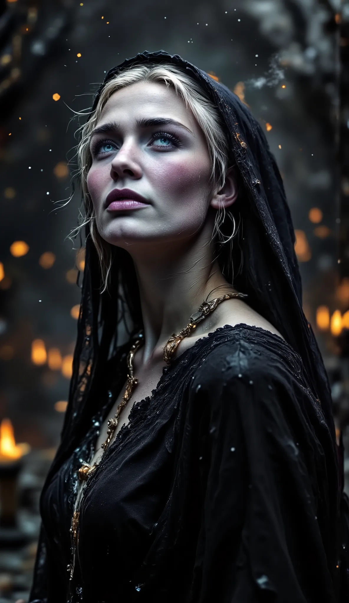 Epic realistic portrait, Black and white photography, 25 years old scantily clad sexy crying nun looking up on right side into heaven with jesus on the wooden cross necklace on the chest, warmth of breath exhalation from nose and little open mouth, goose p...
