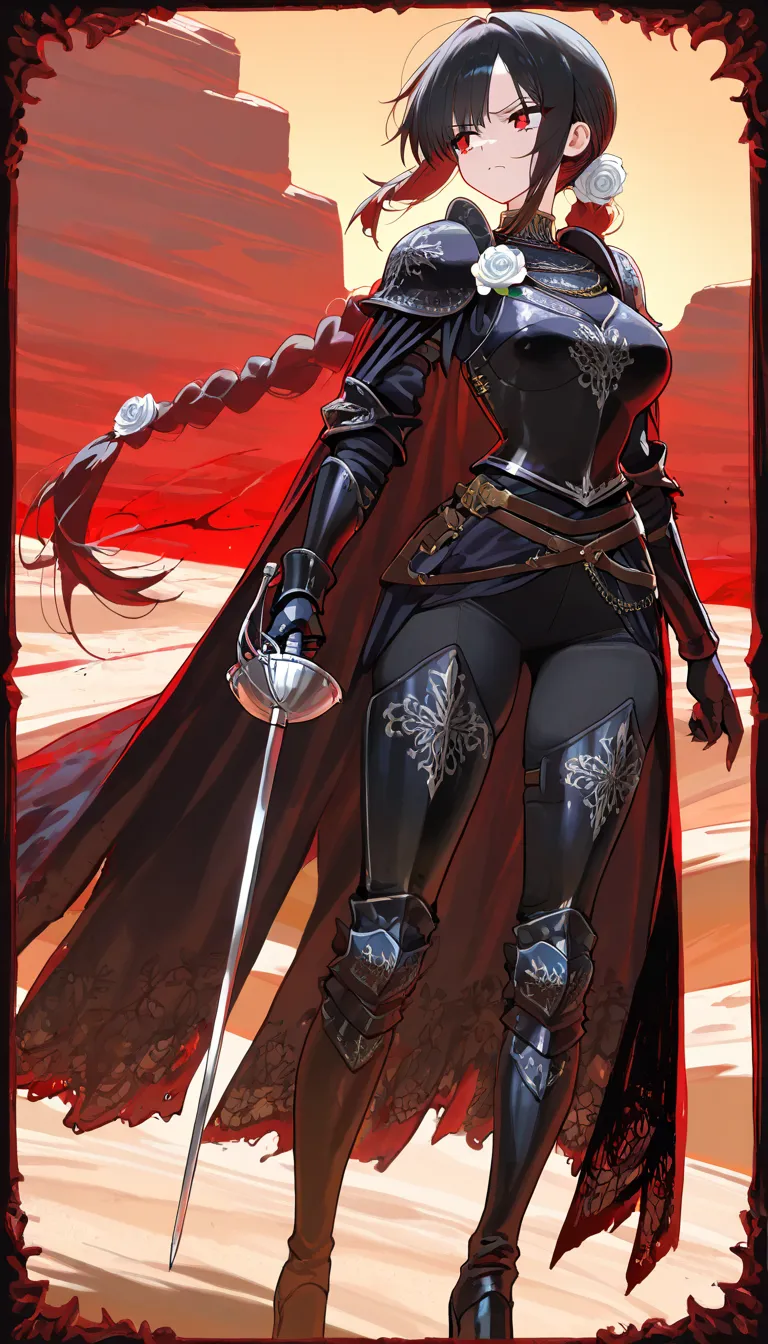 (beautiful girl : 1.3),1 girl,(Black Armor,Black Embroidered Cloak,White rose hair accessory,thigh,boots),black hair,ponytail,braids,anger, abusive,with rapier, desert,runs,Red and black aura from rapier,active,dynamic angle,masterpiece,Highest Quality,Rich Contrast,high image quality,8k,High Definition CG Unit Wallpaper,texture,unbelievably absurd, RAW photos ,deep border 1 .2,very detailed