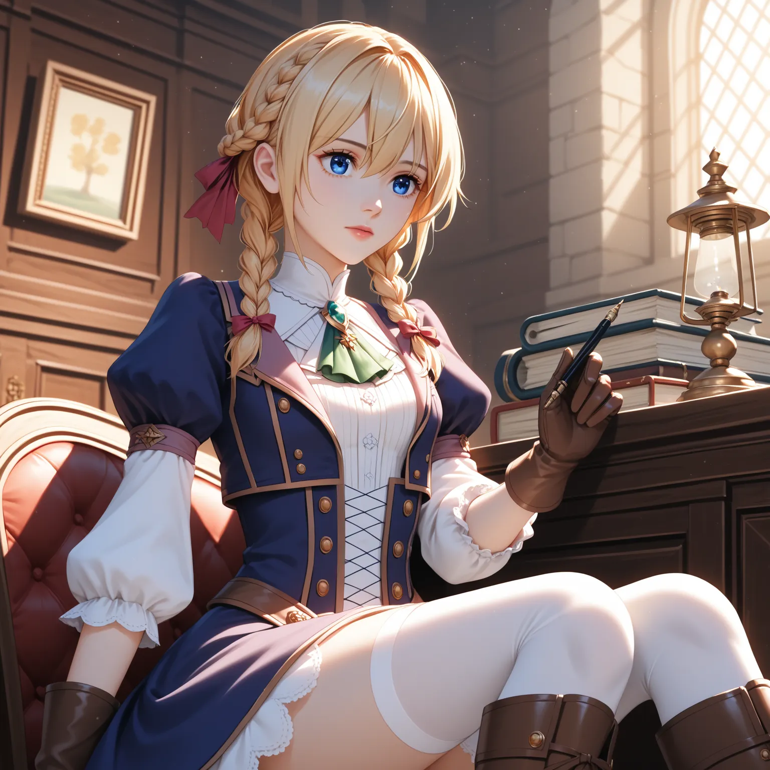 violet evergarden,score_9, score_8_up, (score_7_up), source_anime,anime coloring,anime,(anime screencap),,zPDXL, ,detailed background,, day, the Victorian era, medieval, libraries, kerosene lamps, writing, letters, fountain pens, indoors, wooden wall, sitting, F: ,blue jacket, brown gloves, cropped jacket,, gloves, green brooch, jacket, juliet sleeves, long sleeves, puffy sleeves, (white dress:0.4), short skirt, short dress, ,knee boots, lace up boots, brown footwear, high heel boots,,(white thighhighs), (lace),, ,, violetevergarden,violet evergarden, blonde hair, blue eyes, hair ribbon, ribbon, short hair, braids, hair braids, red ribbon, 1girl, ,upper body