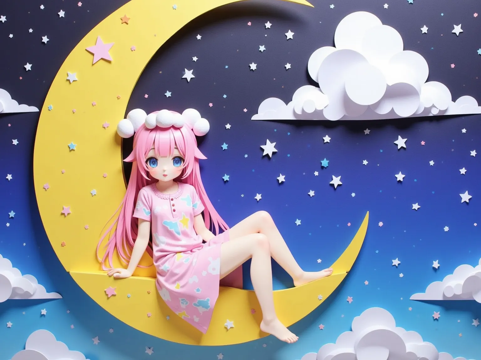 (masterpiece, best quality, Intricate, amazing quality, very aesthetic, high resolution, ultra-detailed, absurdres, newest), (from side), (Paper Work, Moon and clouds made from construction paper,  Paper Cutout Style, sheep girl, A large crescent moon floating in the night sky, a girl sitting on the crescent moon as a chair, long fluffy pink hair, thick eyebrows, kind eyes, Round and cute sheep horns, fluffy pajamas, nightcap, one knee raised, one leg stretched out, leaning forward, looking to the side), ARW, flat anime style