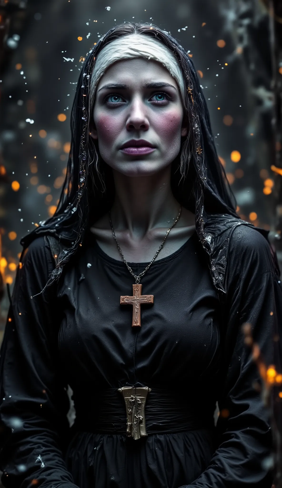 Epic realistic portrait, Black and white photography, 25 years old scantily clad sexy crying nun looking up on right side into heaven with jesus on the wooden cross necklace on the chest, warmth of breath exhalation from nose and little open mouth, goose p...