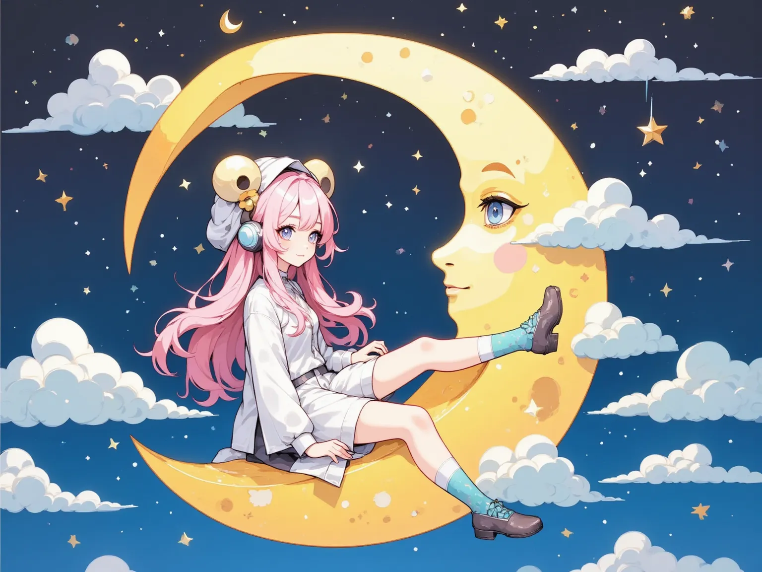 (masterpiece, best quality, Intricate, amazing quality, very aesthetic, high resolution, ultra-detailed, absurdres, newest), (from side), (Paper Work, Moon and clouds made from construction paper,  Paper Cutout Style, sheep girl, A large crescent moon floating in the night sky, a girl sitting on the crescent moon as a chair, long fluffy pink hair, thick eyebrows, kind eyes, Round and cute sheep horns, fluffy pajamas, nightcap, one knee raised, one leg stretched out, leaning forward, looking to the side), ARW, flat anime style