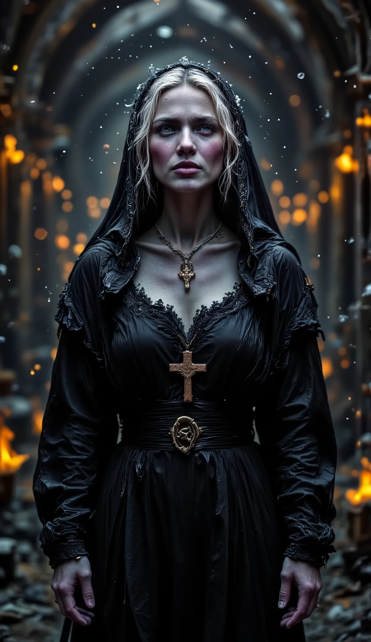 Epic realistic portrait, Black and white photography, 25 years old scantily clad sexy crying nun looking up on right side into heaven with jesus on the wooden cross necklace on the chest, warmth of breath exhalation from nose and little open mouth, goose p...