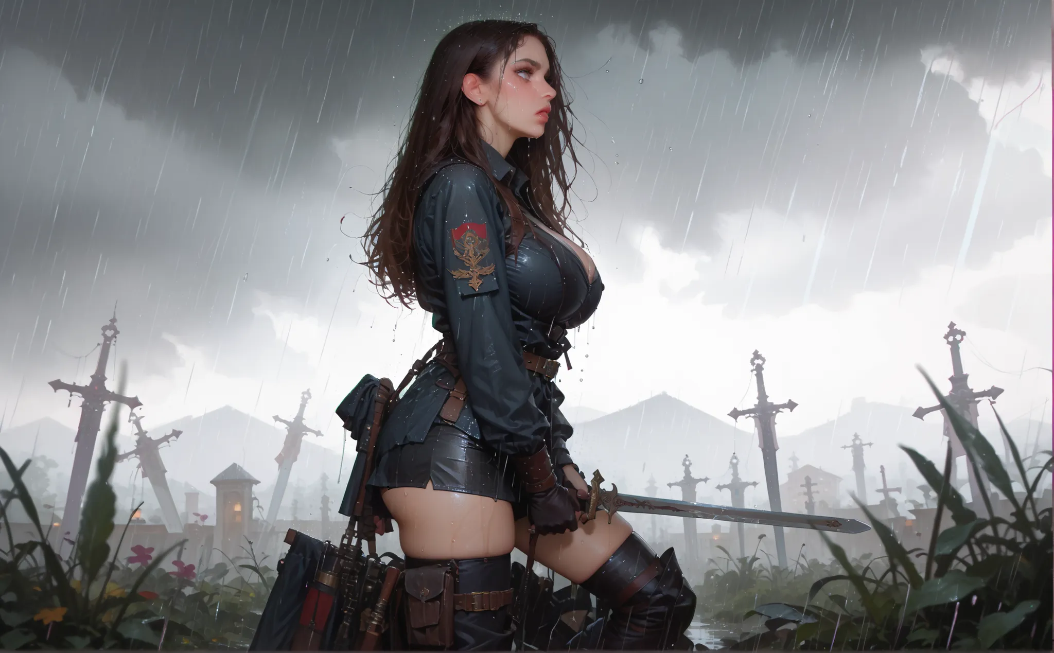 a gorgeous female warrior looking out into the distance in a rain storm, 1girl, weapon, sword, rain, long hair, crying, solo, huge breasts