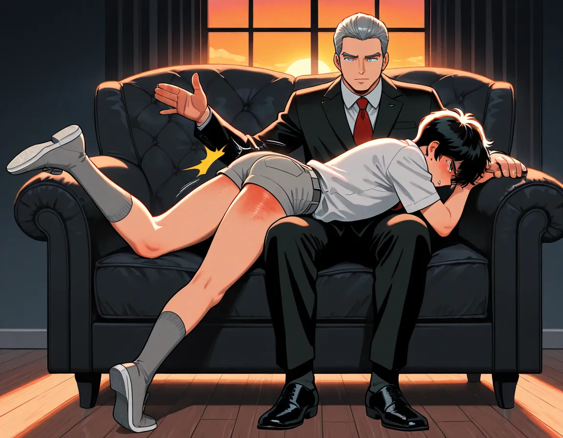 A 15-old-year boy laying on tummy on the lap of an 40-year-old adult man sitting on a wooden chair. The boy is wearing a white short-sleeved formal shirt, red school tie, tight gray school short shorts 70s, gray school knee socks, black school shoes, black short hair, light skin, tears, legs and hands down, nice butt. The adult man wearing a black formal suit. The dark bedroom. ((boy laying on tummy pose, spanking, lines, spanking lines, otk)). Masterpiece, detailed, sunset light, well-defined, high-qualit, cinematic,
