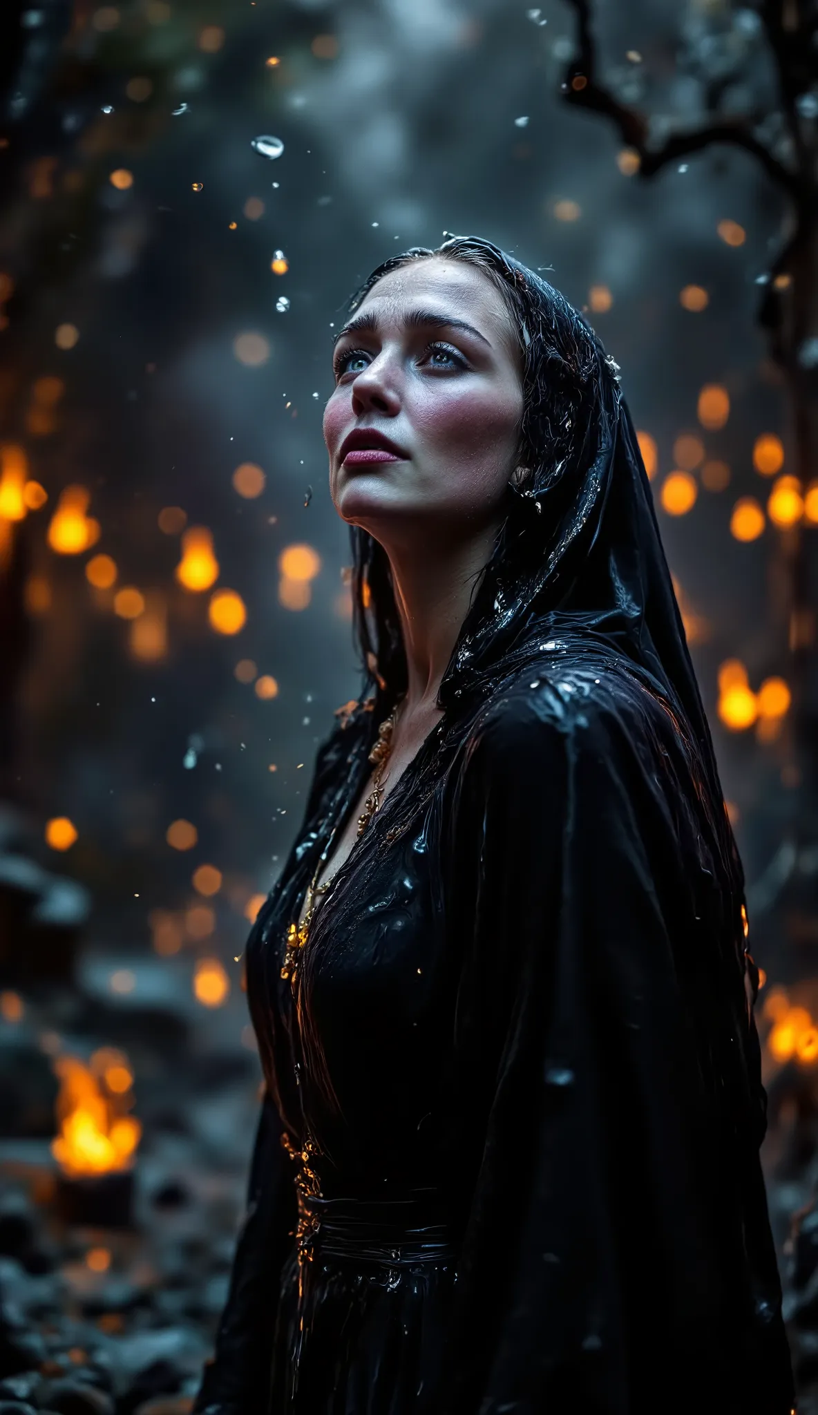 Epic realistic portrait, Black and white photography, 25 years old scantily clad sexy crying nun looking up on right side into heaven with jesus on the wooden cross necklace on the chest, warmth of breath exhalation from nose and little open mouth, goose p...