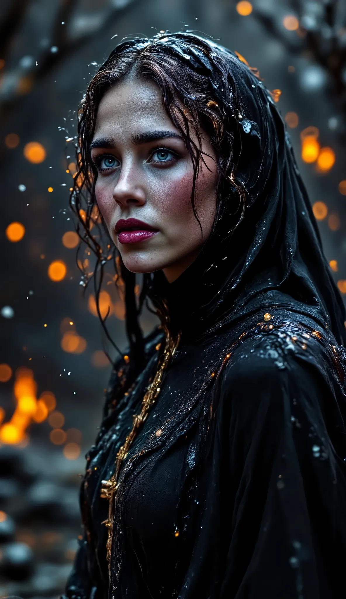 Epic realistic portrait, Black and white photography, 25 years old scantily clad sexy sad nun looking up on right side into heaven with jesus on the wooden cross necklace on the chest, warmth of breath exhalation from nose and little open mouth, goose pimp...