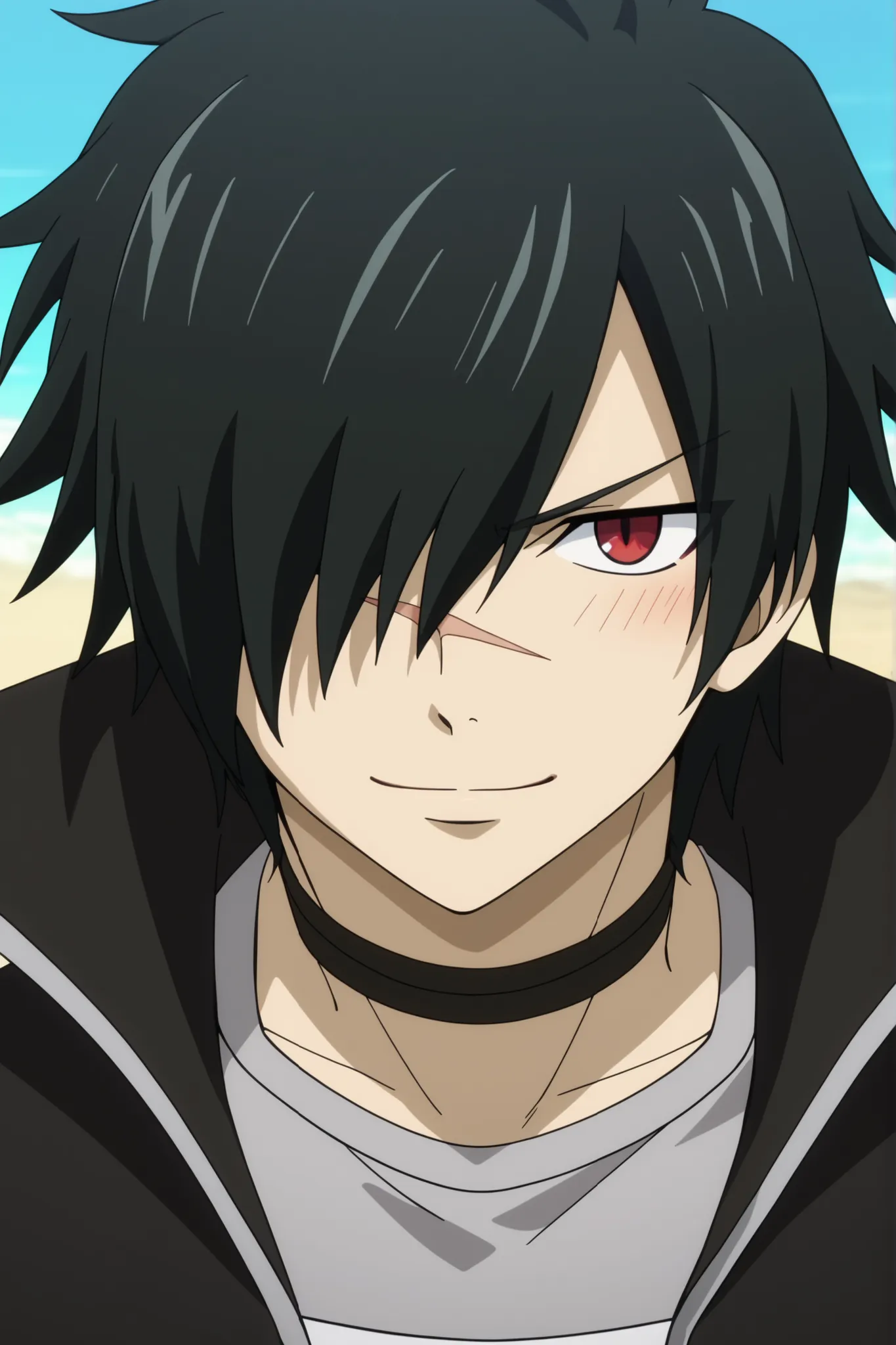 close-up, front view, score_9, score_8_up, score_7_up, source_anime, rating_safe, intricate details, anime screencap, 1boy, solo, male focus, rogue_cheney, long black hair, red eyes, hair over one eye, scar, tattoo, , happy, a light gray sleeveless shirt, ...