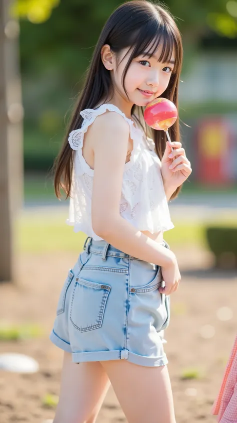 Cute Lolly,Japanese girl,hyperreal,high definition,Highest Quality,8k, Exquisite Details ,(elementary school student,short,baby face:1.3),(Tank Top,denim shorts),stares at the viewer,depth of field,full body,5 girls in the back,playground,delicate skin,eph...