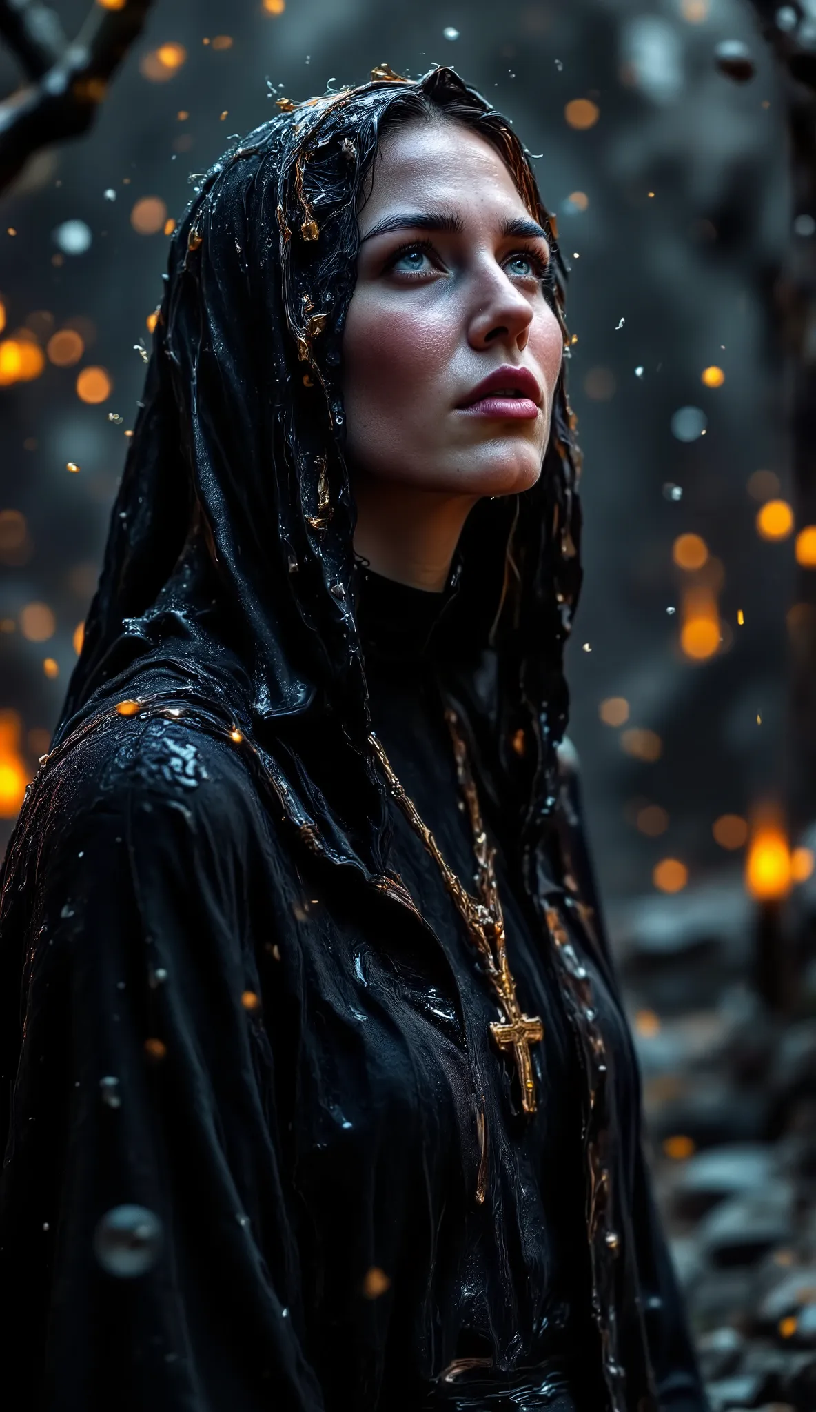 Epic realistic portrait, Black and white photography, 25 years old scantily clad sexy sad nun looking up on right side into heaven with jesus on the wooden cross necklace on the chest, warmth of breath exhalation from nose and little open mouth, goose pimp...