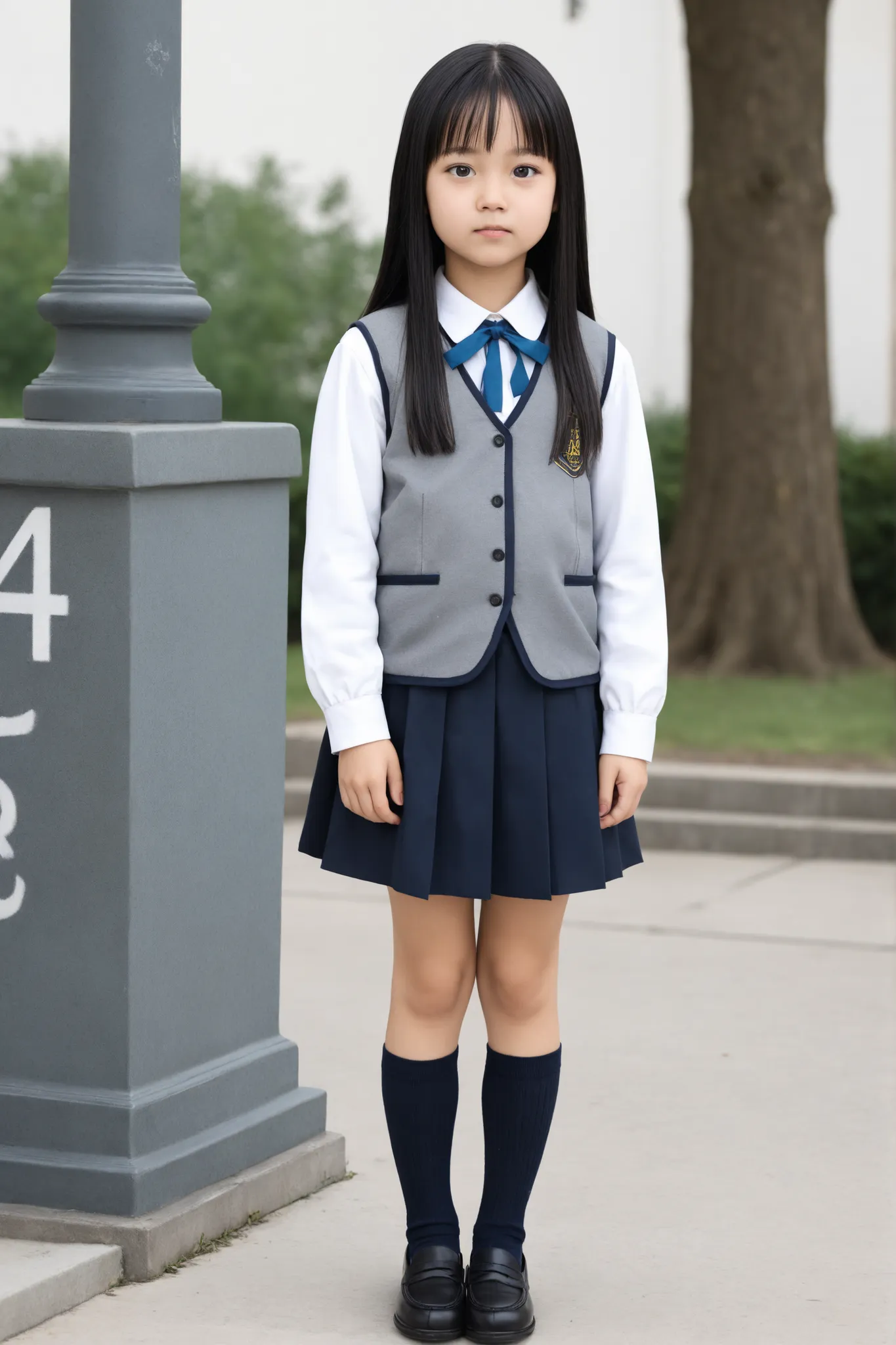 High Quality, masterpiece, A girl with a beautiful face,
break girl,black hair, (Long straight hair:1.4),(petite bangs:1)
break (short), (Height 145cm:1.4), (flat chest),(Elementary school student:1.4),Japanese,Skin with good blood color.
break (1girl:1.4),white shirt,gray vest,blue ribbon,dark blue short skirt,navy socks,uniform,schools,Loafers
break (standing:1.4),fullbody