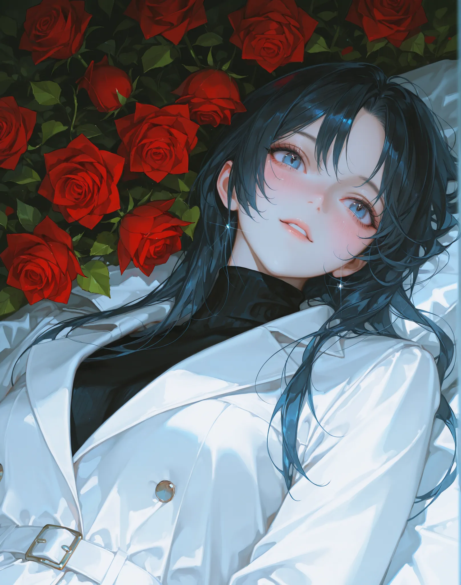 Perfect Eyes , Impressionist Paintings , realistic skin, semi-realistic detail, high detail, realistic hair, realistic detail, 8k, beautiful masterpiece, long black hair, parted bangs, clear blue eyes, long lashes, blushing cheeks, sparkling eyes, 23-year...