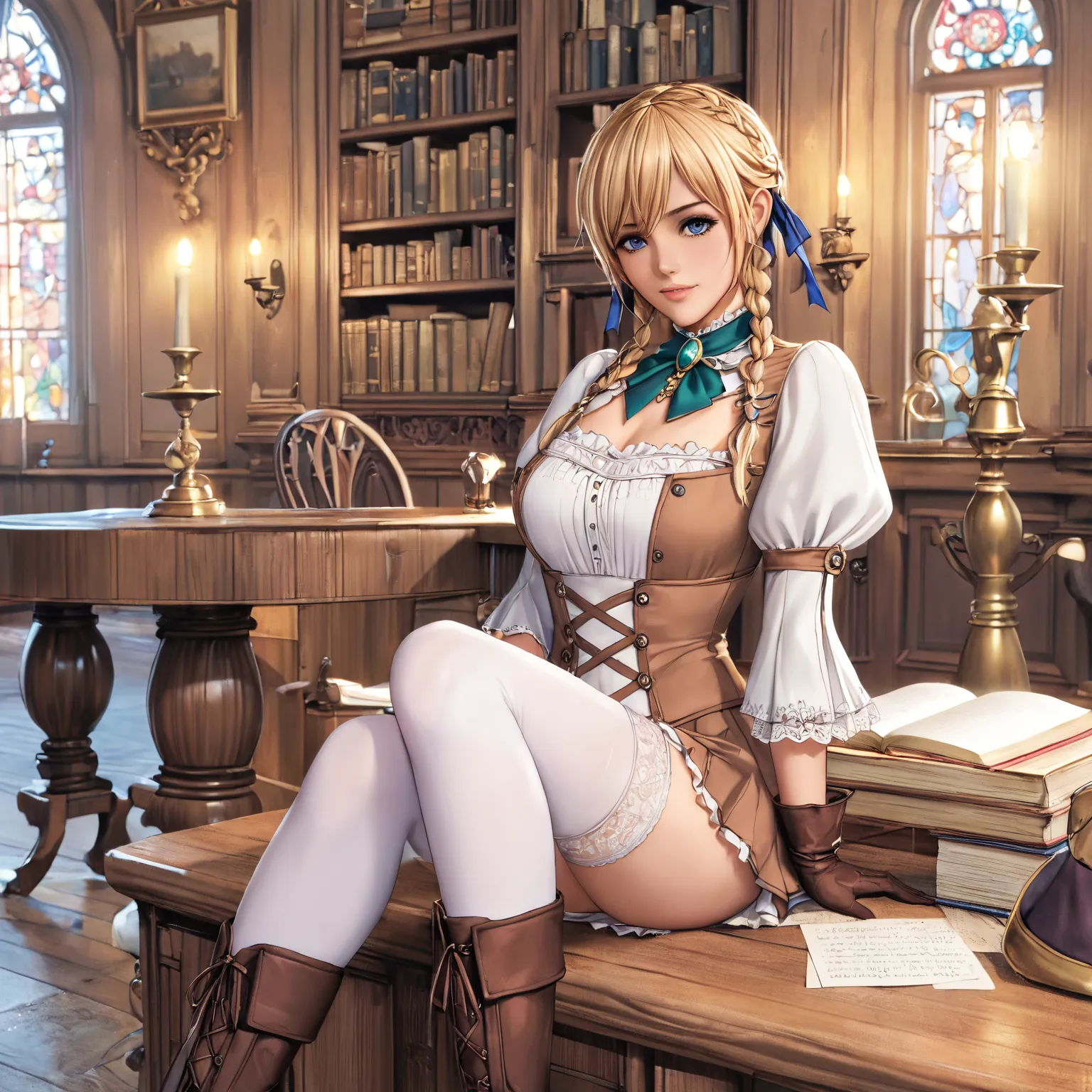 violet evergarden,score_9, score_8_up, (score_7_up), source_anime,anime coloring,anime,(anime screencap),,zPDXL, ,detailed background,, day, the Victorian era, medieval, libraries, kerosene lamps, writing, letters, fountain pens, indoors, wooden wall, sitting, F: ,blue jacket, brown gloves, cropped jacket,, gloves, green brooch, jacket, juliet sleeves, long sleeves, puffy sleeves, (white dress:0.4), short skirt, short dress, ,knee boots, lace up boots, brown footwear, high heel boots,,(white thighhighs), (lace),, ,, violetevergarden,violet evergarden, blonde hair, blue eyes, hair ribbon, ribbon, short hair, braids, hair braids, red ribbon, 1girl, ,upper body