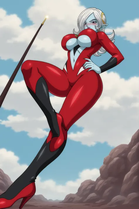 source_anime, score_9, score_8_up, score_7_up, 4k, anime screencap, 2d, absurdres, official style,
towa, detailed face, high contrast, hair ornament, long hair, white hair, hair over one eye, blue skin, colored skin, pointy ears,
two tone bodysuit, skin t...
