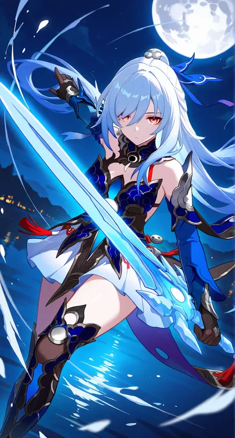 masterpiece,best quality,highres,ultra-detailed,Jingliu,alternate color,masterpiece,detailed illustration,lifelike,Jingliu（Honkai: Star Rail）,shiny beautiful woman,moon light lighting,dynamic angle,dynamic pose,depth of field,1girl,red eyes,blue armored dr...