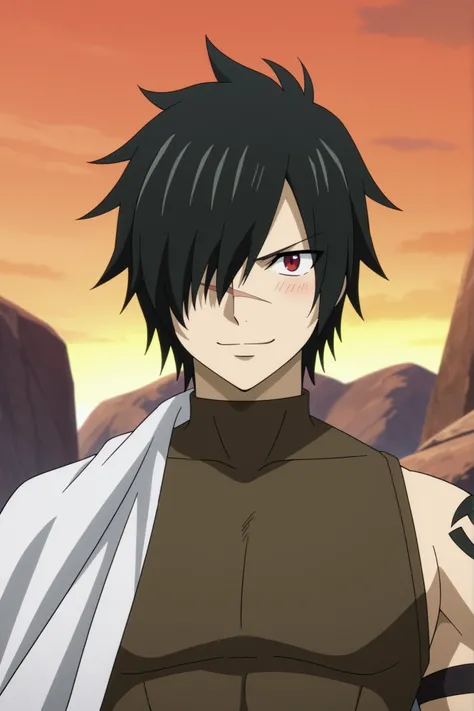 close-up, front view, score_9, score_8_up, score_7_up, source_anime, rating_safe, intricate details, anime screencap, 1boy, solo, male focus, rogue_cheney, long black hair, red eyes, hair over one eye, scar, tattoo, , happy, a light gray sleeveless shirt, ...