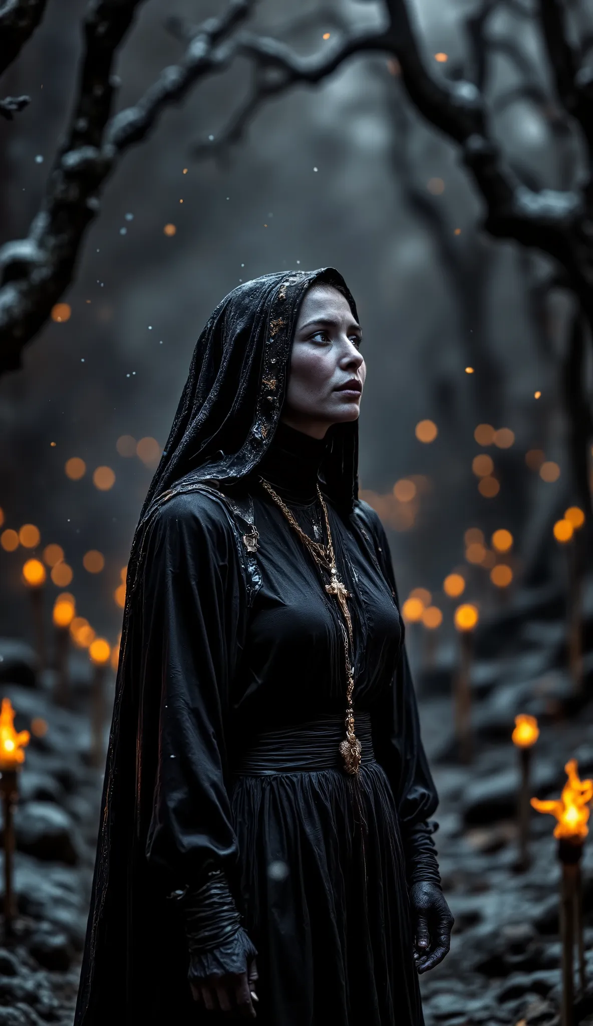 Epic realistic portrait, Black and white photography, 25 years old scantily clad sexy sad nun looking up on right side into heaven with jesus on the wooden cross necklace on the chest, warmth of breath exhalation from nose and little open mouth, goose pimp...