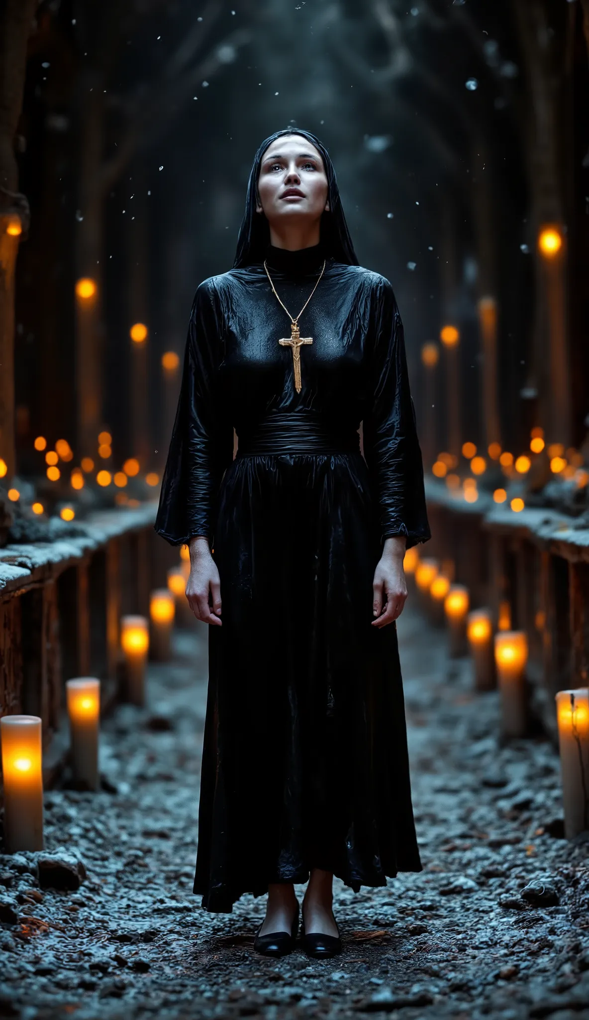 Epic realistic portrait, Black and white photography, 25 years old scantily clad sexy sad nun looking up on right side into heaven with jesus on the wooden cross necklace on the chest, warmth of breath exhalation from nose and little open mouth, goose pimp...
