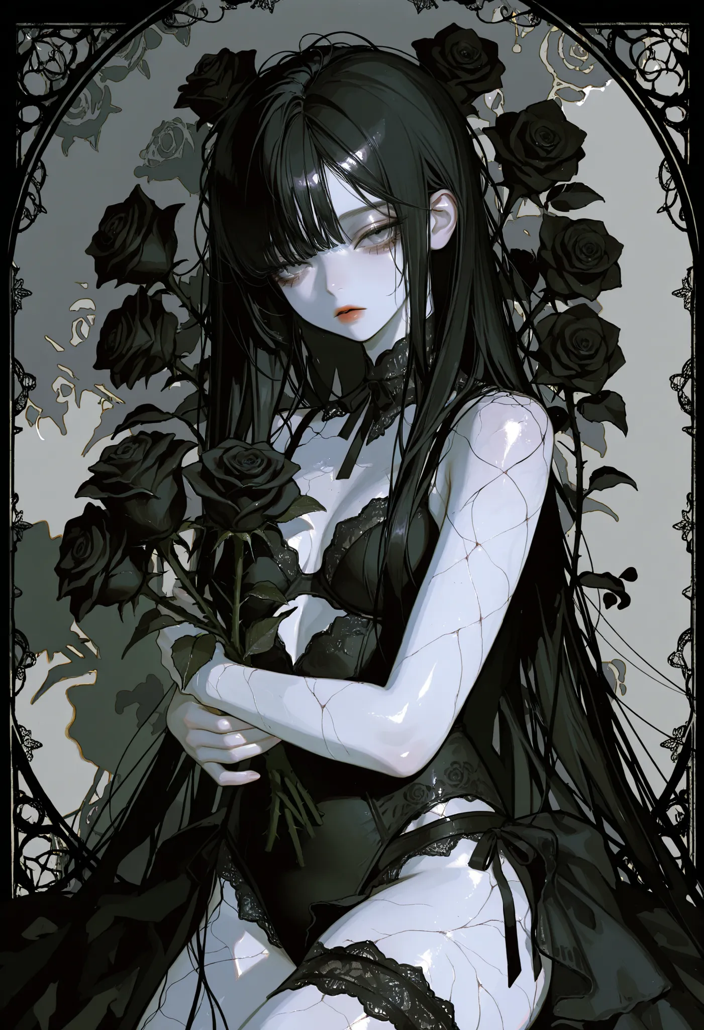 1girl, straight hair, long hair, black hair, messy hair, Bangs, milky skin, half opened eyes, pale gray eyes, beautiful lips, feeble, faint scars, few scars on body,holding a black rose bouquet, black underwears, lace, garter, black rose background, detail...