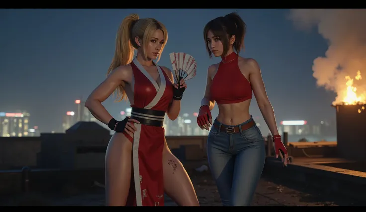 Ultra realistic cinematic live-action shot of Blue Mary and Mai Shiranui, standing side by side on a dimly lit rooftop at night. Both are visibly exhausted after a hard battle. Blue Mary wears her signature red crop top, fingerless gloves, blue jeans with ...
