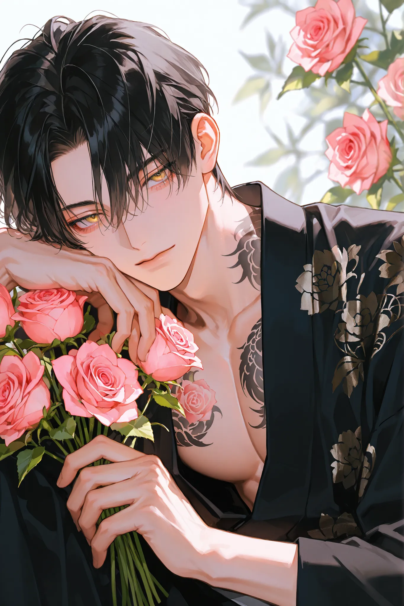 close up, (full of blooming pink roses, lush floral backdrop,background filled with flowers, Holding a Rich bouquet of pink roses), solo,1 man, Adult male, 45 years old, male, handsome man, masculine, sexy, languid, decadent, muscular, black hair, short ha...