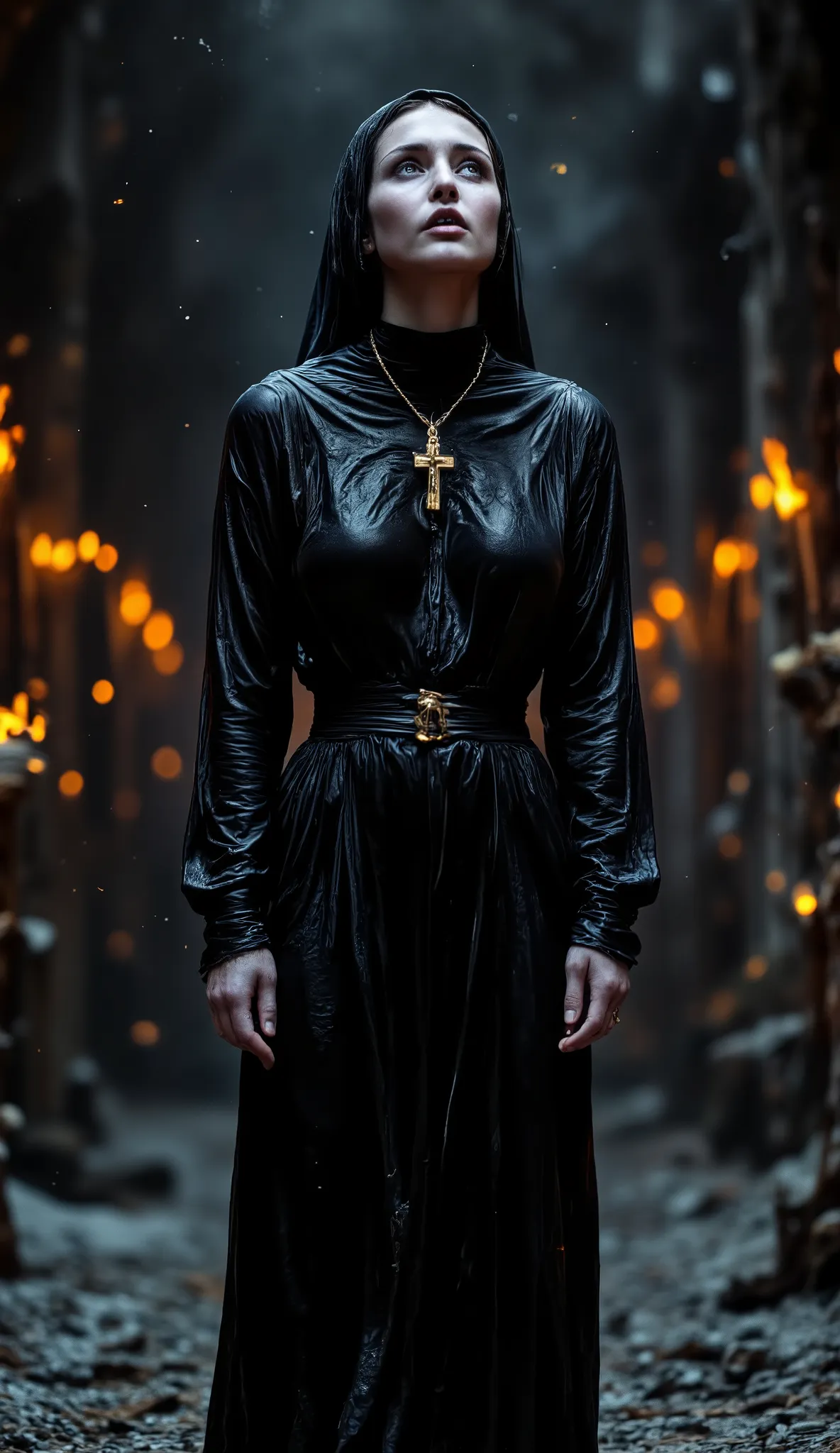 Epic realistic portrait, Black and white photography, 25 years old scantily clad sexy sad nun looking up on right side into heaven with jesus on the wooden cross necklace on the chest, warmth of breath exhalation from nose and little open mouth, goose pimp...