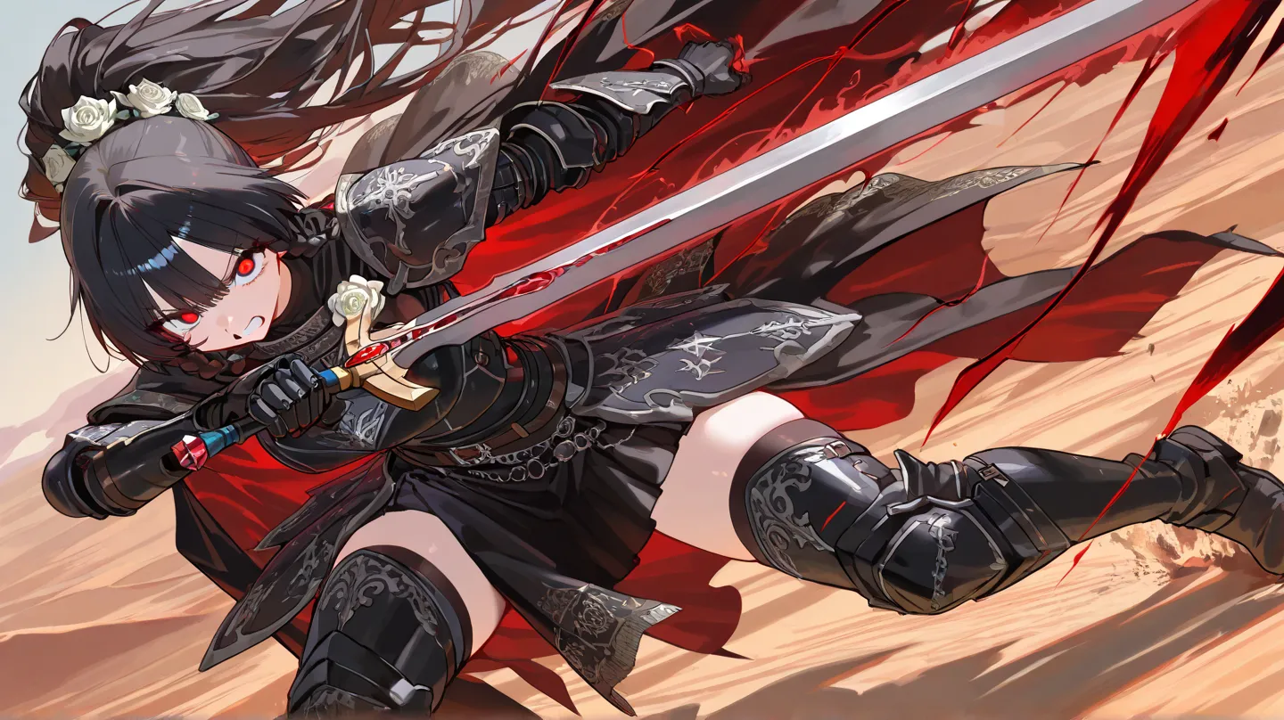 (beautiful girl : 1.3),1 girl,(Black Armor,black embroidered cloak with estock,White rose hair accessory,thigh,boots),black hair,ponytail,braids,anger, abusive,has a sword, desert,runs,Red and black aura from a sword,active,dynamic angle,masterpiece,Highest Quality,Rich Contrast,high image quality,8k,High Definition CG Unit Wallpaper,texture,unbelievably absurd, RAW photos ,deep border 1 .2,very detailed