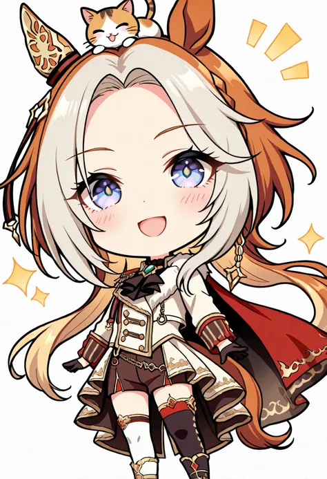 (((chibi))), (masterpiece, best quality, perfect face:1.4), wide angle, orfevre\(umamusume\), ((1girl)), symbol-shaped pupils, floating hair, single ear ornament, gold hair ornament, horse ears, horse tail, tail on the lower back, proportional body, propor...