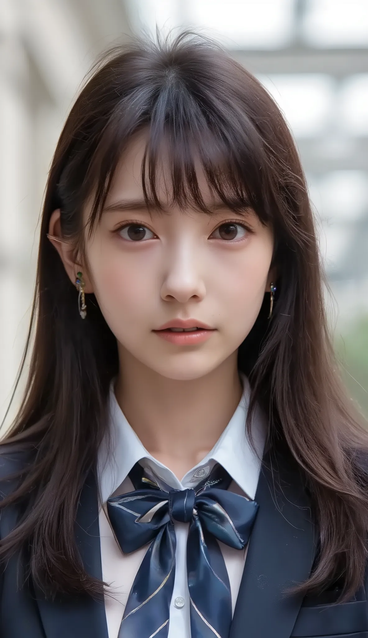 Neat Young Woman、and look at the camera、dark eyeshadow、 pale brown hair、Women's High Uniform、Background is in a room、
