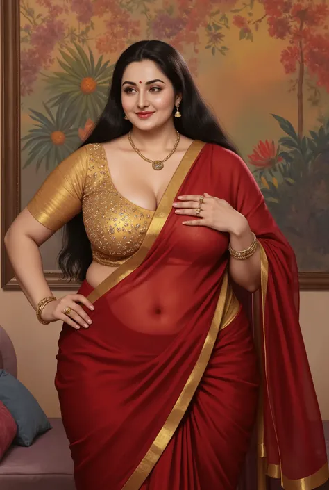 (Centered composition, cinematic lighting, detailed background) — A high-resolution, ultra-detailed painting in the style of renowned Indian artist Manimala, very voluptuous mature Indian desi aunty, fatty desi Indian aunty, soft fat belly, mature woman fa...
