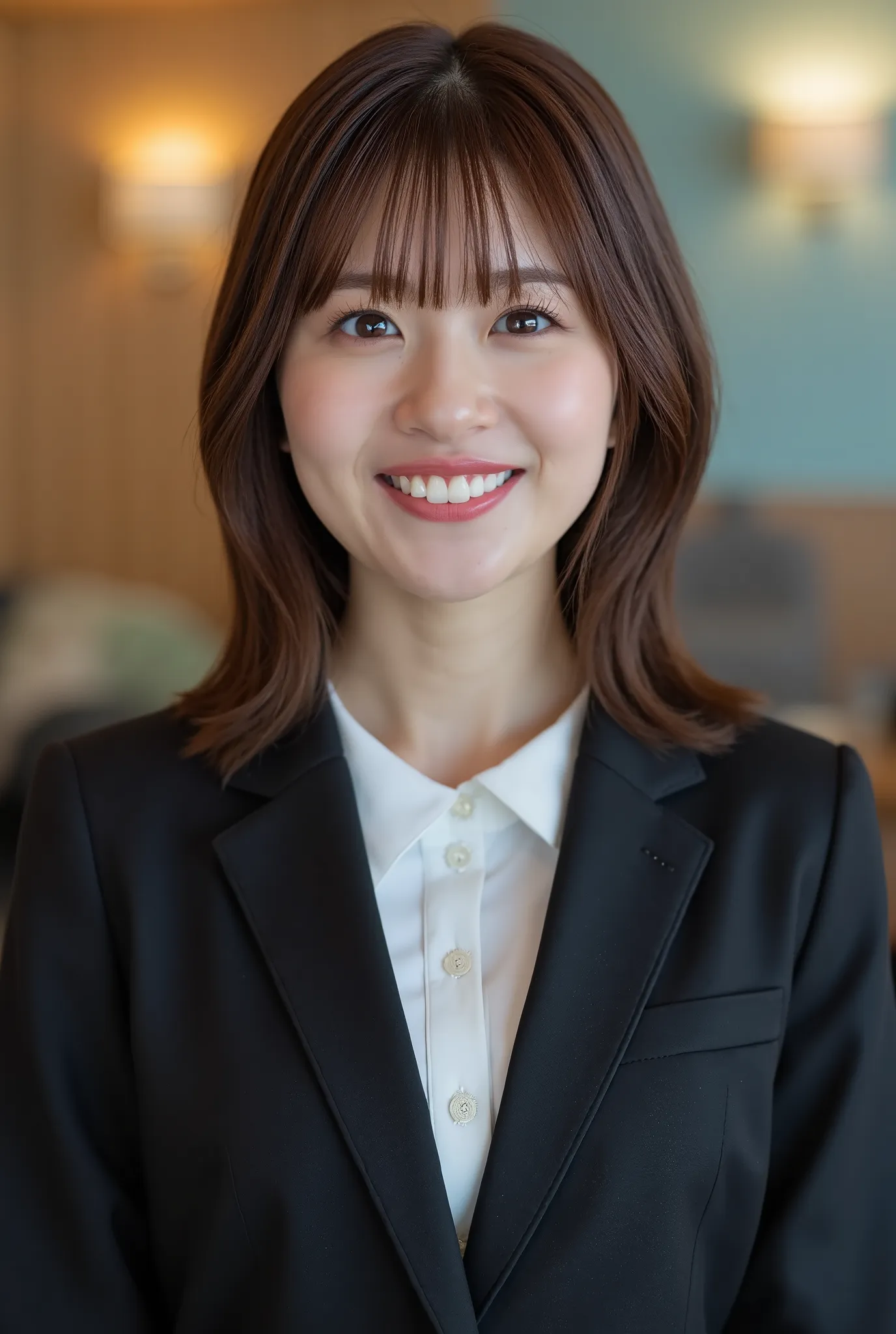 Neat Young Woman、and look at the camera、smile showing teeth、office lady suit、jacket、shirt、髪型ショートカット耳にピアス、、 、dark eyeshadow、upper body、Background is in a room、
