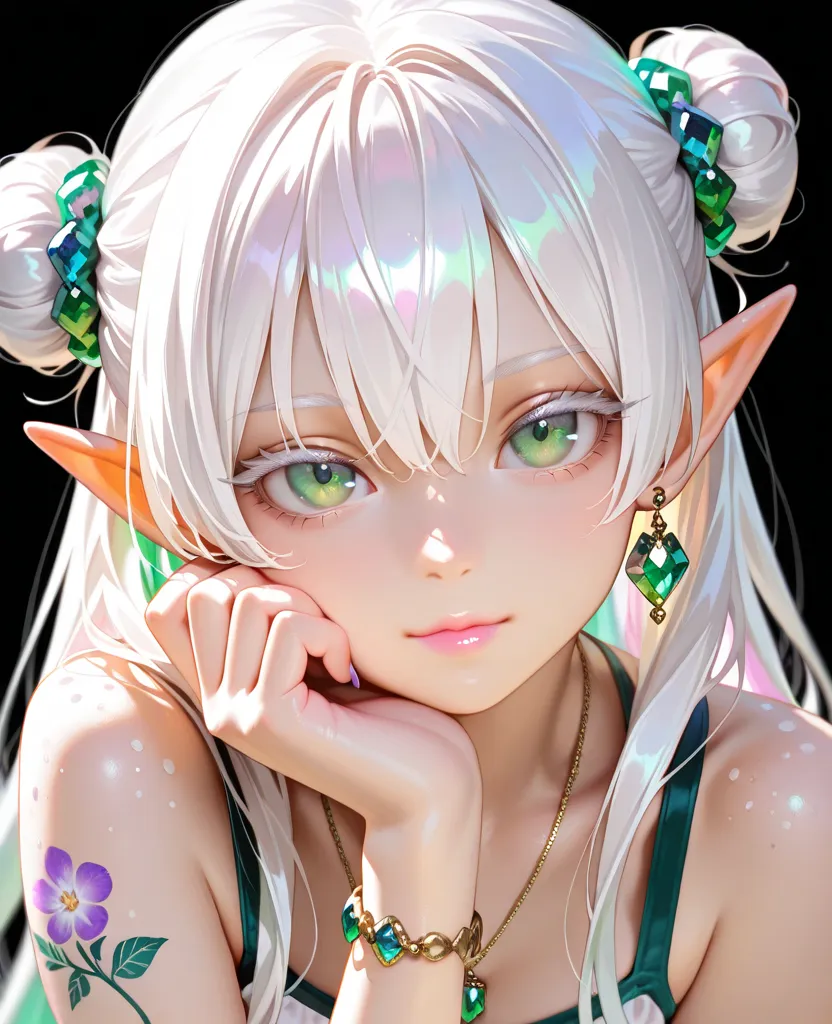 masterpiece,Highest Quality,Ultra High Definition,Photorealistic,8K Ultra HD,ultra high definition,depth of field,solo,1 girl,stares at the viewer,bungs, white hair,long hair,2 bun knot,hair between eyes,elf ears,black background,simple background,emerald green eyes,Thick eyelashes,White eyelashes,challenging gaze,tied her lips,pink lips,gem,earrings,necklace,bracelets,flower tattoo,Speckled color ,Summer Dresses,Bare shoulders,white swimsuit,detailed fabric creases,graceful posture,Place your hand on your cheek,Light purple nails,neutral color palette,