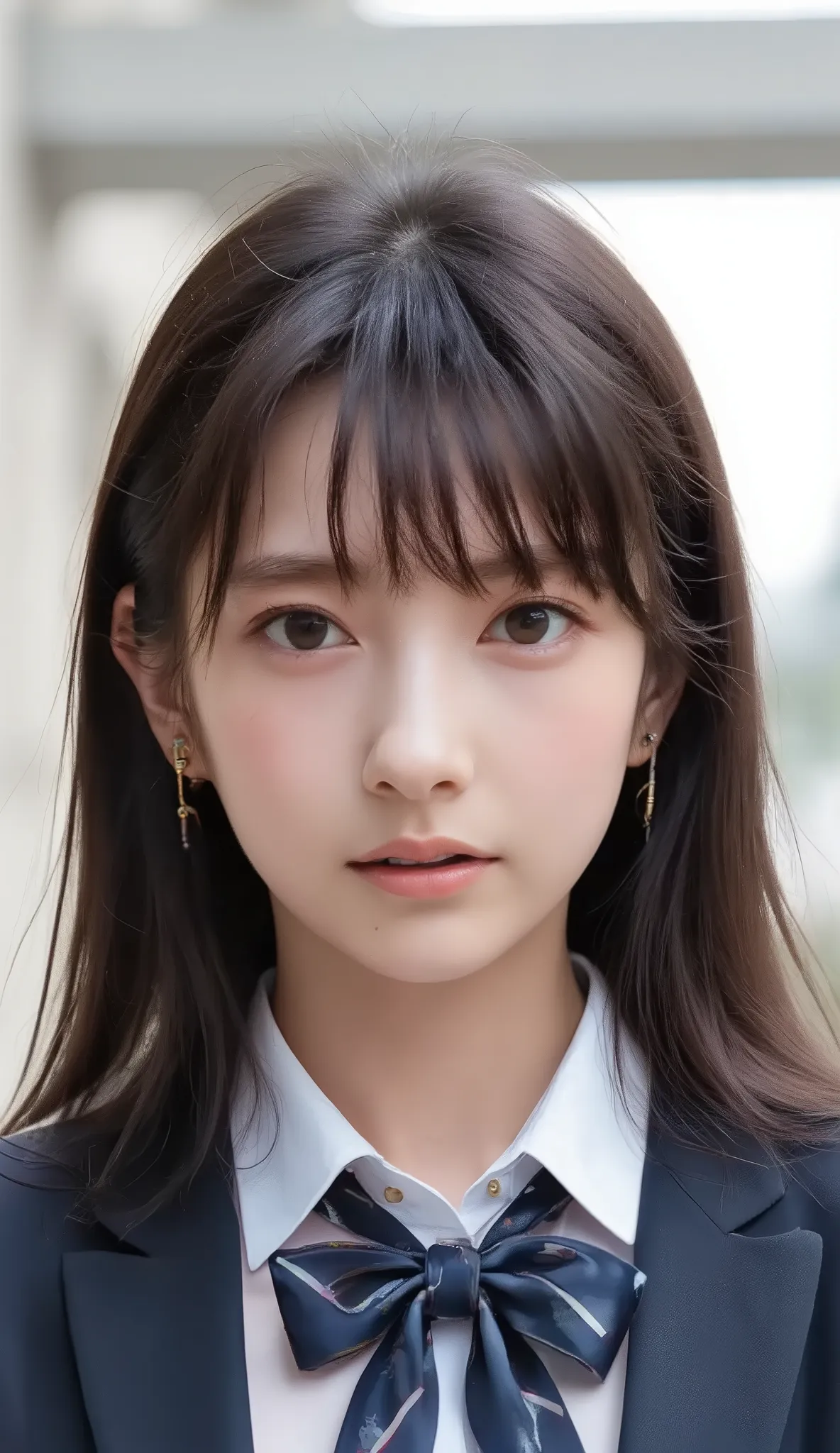 Neat Young Woman、and look at the camera、dark eyeshadow、 pale brown hair、Hairstyle Shortcuts、Women's High Uniform、Background is in a room、
