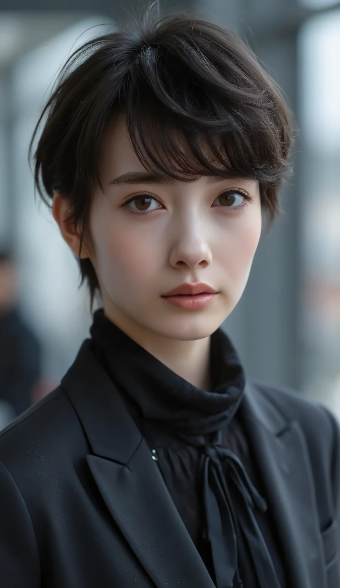 Neat Young Woman、and look at the camera、dark eyeshadow、 pale brown hair、Hairstyle Shortcuts、office lady suit、jacket、shirt、、Background is in a room、
