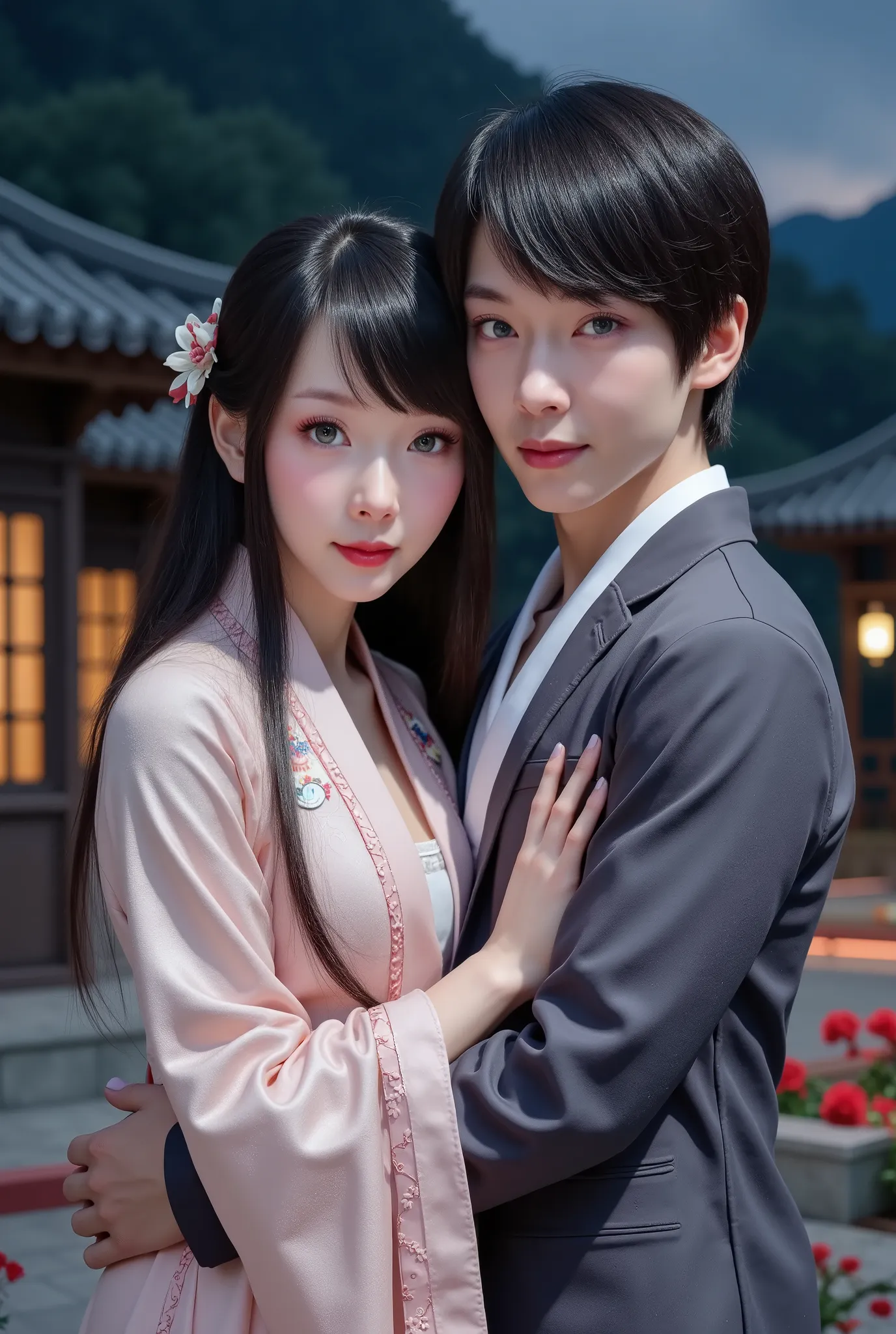 couple, 1 girl 1 boy, gray eyes, girl's hair，red bangs on the front，Long black hair on the back，Loosely tied, Han dynasty palace dress, short black hair and ( green eyes). Ming dynasty Jinyi costume,  varies in height , detailed eyes, looking at the audien...