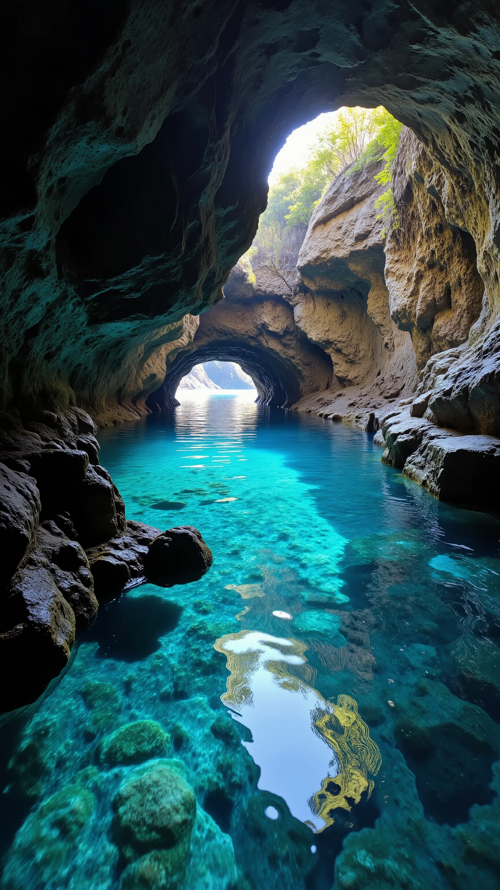 high-resolution image、natural caves with hidden blue crystals that take your breath away、青の洞窟、The surface of the water remains、makes you feel the depth and serenity of this hidden paradise。ブルーと少しだけ緑もある水晶岩塊達 Natural Underground Sink Holes.It blends perfectl...
