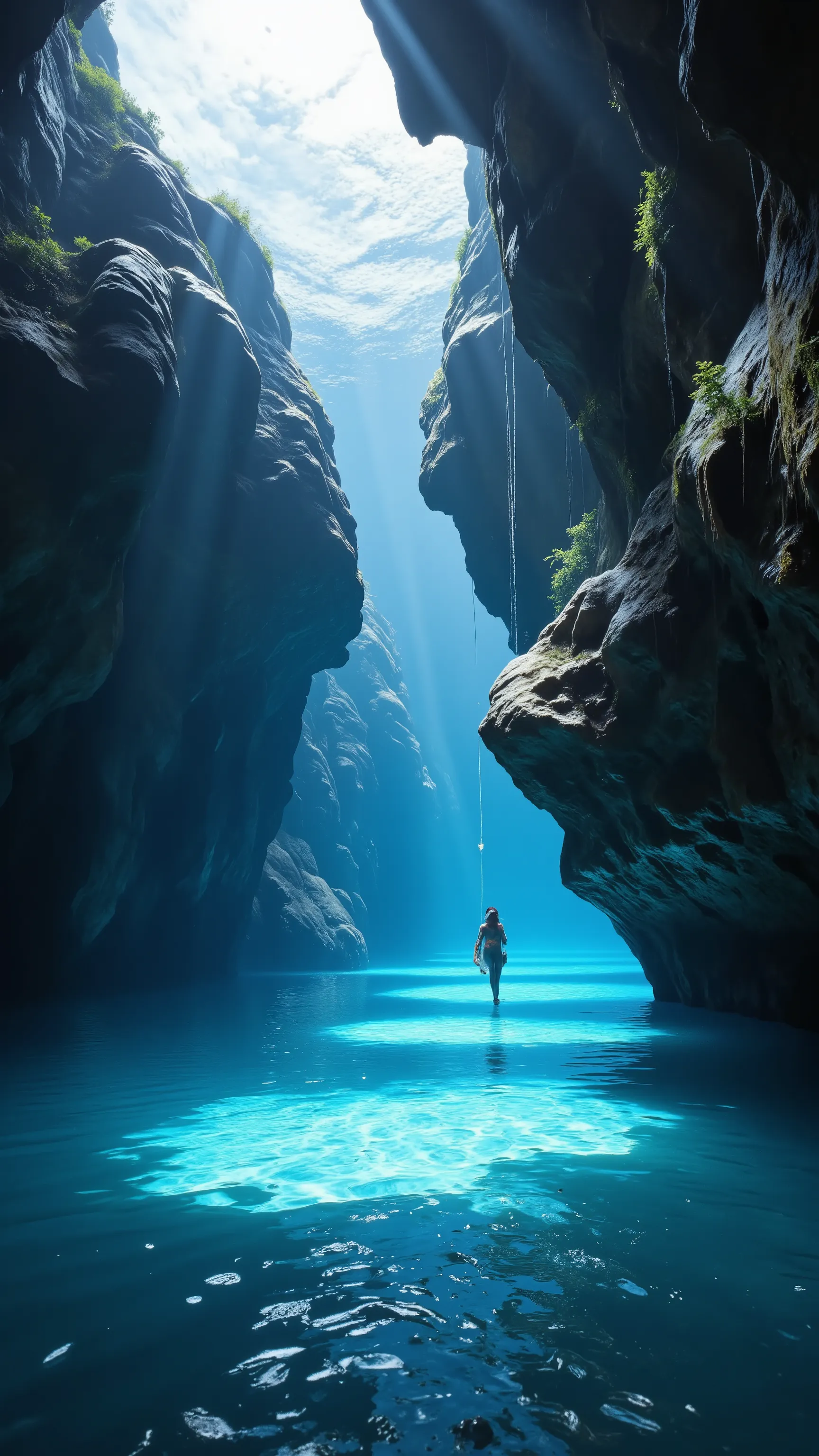 high-resolution image、natural caves with hidden blue crystals that take your breath away、The surface of the water remains、makes you feel the depth and serenity of this hidden paradise。ブルーと少しだけ緑もある水晶岩塊達 Natural Underground Sink Holes.It blends perfectly wit...